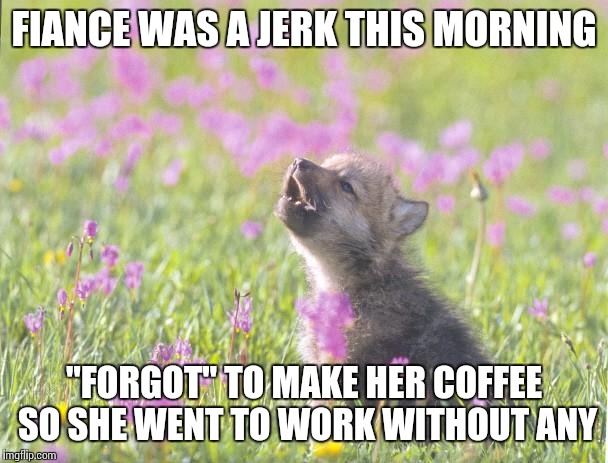 Baby Insanity Wolf | FIANCE WAS A JERK THIS MORNING "FORGOT" TO MAKE HER COFFEE SO SHE WENT TO WORK WITHOUT ANY | image tagged in memes,baby insanity wolf,AdviceAnimals | made w/ Imgflip meme maker