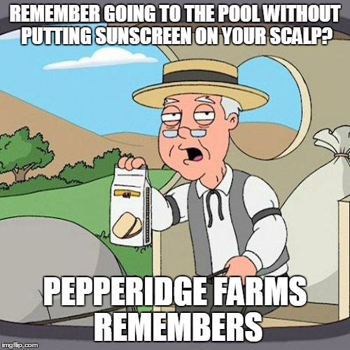 days gone by | REMEMBER GOING TO THE POOL WITHOUT PUTTING SUNSCREEN ON YOUR SCALP? PEPPERIDGE FARMS REMEMBERS | image tagged in memes,pepperidge farm remembers | made w/ Imgflip meme maker