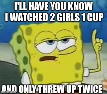I'll Have You Know Spongebob | I'LL HAVE YOU KNOW I WATCHED 2 GIRLS 1 CUP AND ONLY THREW UP TWICE | image tagged in memes,ill have you know spongebob | made w/ Imgflip meme maker