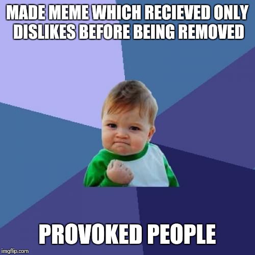 Success Kid | MADE MEME WHICH RECIEVED ONLY DISLIKES BEFORE BEING REMOVED PROVOKED PEOPLE | image tagged in memes,success kid | made w/ Imgflip meme maker