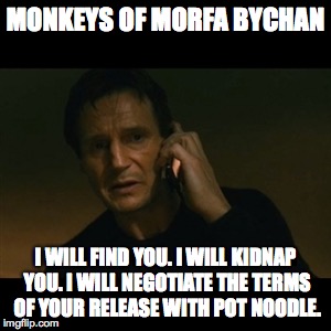 Liam Neeson Taken Meme | MONKEYS OF MORFA BYCHAN I WILL FIND YOU. I WILL KIDNAP YOU. I WILL NEGOTIATE THE TERMS OF YOUR RELEASE WITH POT NOODLE. | image tagged in memes,liam neeson taken | made w/ Imgflip meme maker