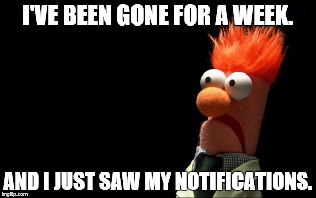 Beaker shocked face | I'VE BEEN GONE FOR A WEEK. AND I JUST SAW MY NOTIFICATIONS. | image tagged in beaker shocked face | made w/ Imgflip meme maker