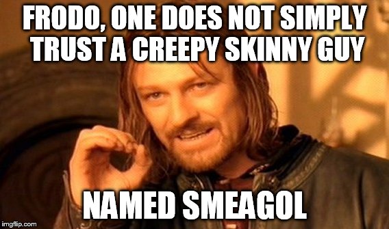 One Does Not Simply | FRODO, ONE DOES NOT SIMPLY TRUST A CREEPY SKINNY GUY NAMED SMEAGOL | image tagged in memes,one does not simply | made w/ Imgflip meme maker