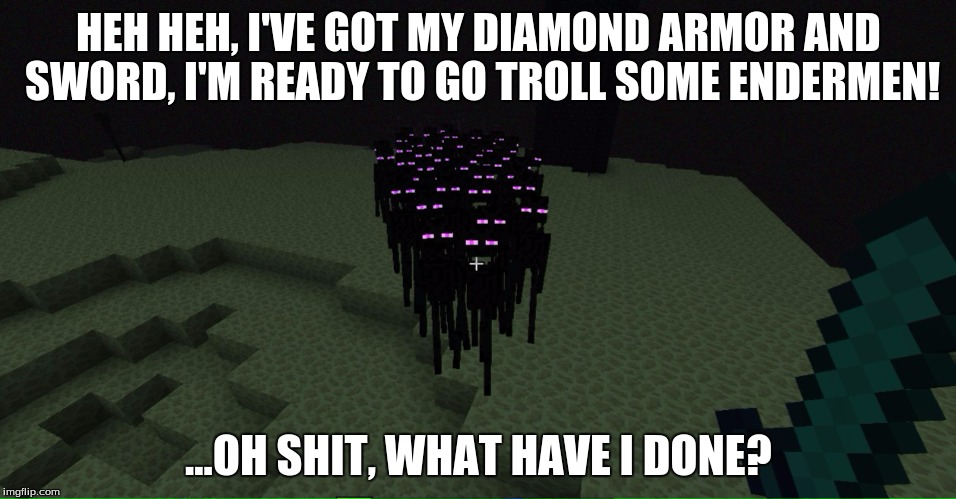 Uh... two out of three? | HEH HEH, I'VE GOT MY DIAMOND ARMOR AND SWORD, I'M READY TO GO TROLL SOME ENDERMEN! ...OH SHIT, WHAT HAVE I DONE? | image tagged in endermen,minecraft,memes,nope,troll,oh shit | made w/ Imgflip meme maker