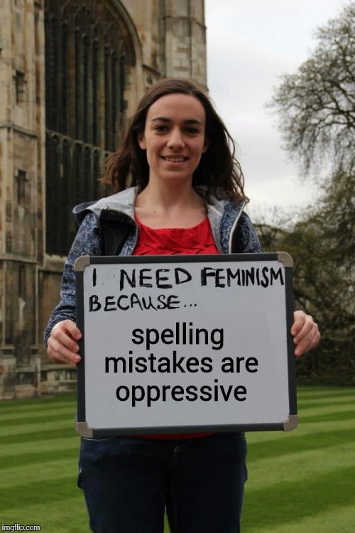 I need femtardation because | spelling mistakes are oppressive | image tagged in i need femtardation because | made w/ Imgflip meme maker