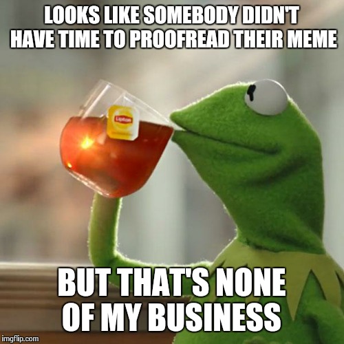 But That's None Of My Business Meme | LOOKS LIKE SOMEBODY DIDN'T HAVE TIME TO PROOFREAD THEIR MEME BUT THAT'S NONE OF MY BUSINESS | image tagged in memes,but thats none of my business,kermit the frog | made w/ Imgflip meme maker