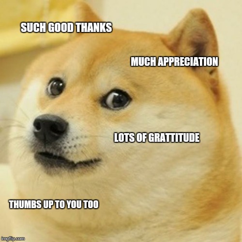 Doge Meme | SUCH GOOD THANKS MUCH APPRECIATION LOTS OF GRATTITUDE THUMBS UP TO YOU TOO | image tagged in memes,doge | made w/ Imgflip meme maker