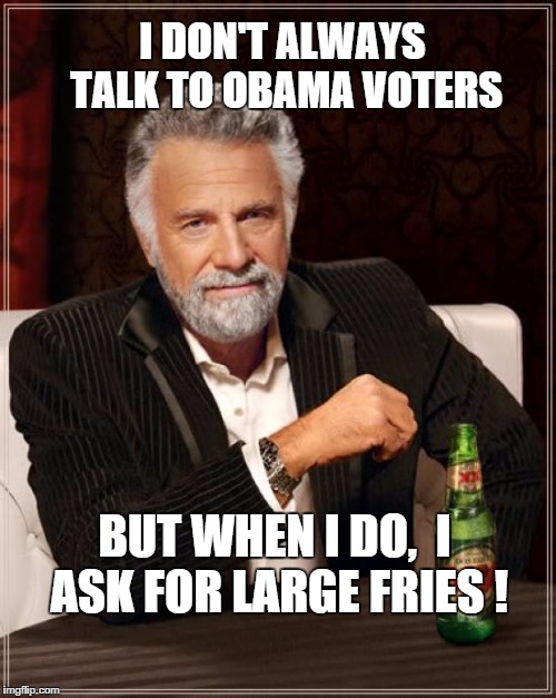 The Most Interesting Man In The World | I DON'T ALWAYS TALK TO OBAMA VOTERS BUT WHEN I DO,  I ASK FOR LARGE FRIES ! | image tagged in memes,the most interesting man in the world | made w/ Imgflip meme maker