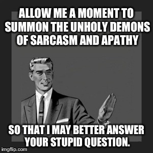 Anyone who's ever worked in customer service has thought something like this at some point. | ALLOW ME A MOMENT TO SUMMON THE UNHOLY DEMONS OF SARCASM AND APATHY SO THAT I MAY BETTER ANSWER YOUR STUPID QUESTION. | image tagged in memes,kill yourself guy | made w/ Imgflip meme maker