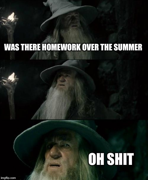 Confused Gandalf | WAS THERE HOMEWORK OVER THE SUMMER OH SHIT | image tagged in memes,confused gandalf | made w/ Imgflip meme maker