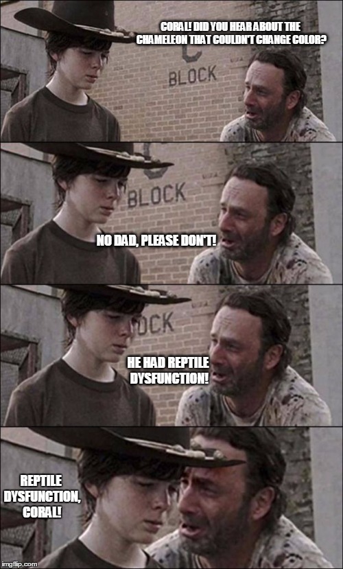 the walking dead coral | CORAL! DID YOU HEAR ABOUT THE CHAMELEON THAT COULDN'T CHANGE COLOR? NO DAD, PLEASE DON'T! HE HAD REPTILE DYSFUNCTION! REPTILE DYSFUNCTION, C | image tagged in the walking dead coral | made w/ Imgflip meme maker