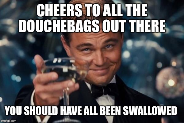 Leonardo Dicaprio Cheers Meme | CHEERS TO ALL THE DOUCHEBAGS OUT THERE YOU SHOULD HAVE ALL BEEN SWALLOWED | image tagged in memes,leonardo dicaprio cheers | made w/ Imgflip meme maker