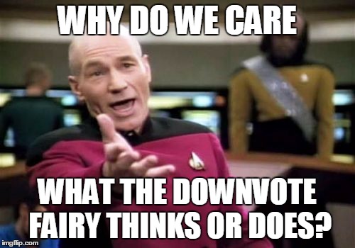 Picard Wtf Meme | WHY DO WE CARE WHAT THE DOWNVOTE FAIRY THINKS OR DOES? | image tagged in memes,picard wtf | made w/ Imgflip meme maker