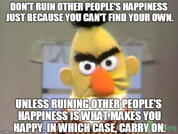 You don't get a uni-brow like this from being happy. | DON'T RUIN OTHER PEOPLE'S HAPPINESS JUST BECAUSE YOU CAN'T FIND YOUR OWN. UNLESS RUINING OTHER PEOPLE'S HAPPINESS IS WHAT MAKES YOU HAPPY. I | image tagged in sesame street - angry bert,memes,funny,happy,happiness | made w/ Imgflip meme maker