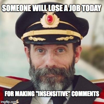 Thanks captain obvious. | SOMEONE WILL LOSE A JOB TODAY FOR MAKING "INSENSITIVE" COMMENTS | image tagged in thanks captain obvious | made w/ Imgflip meme maker
