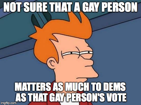 Futurama Fry Meme | NOT SURE THAT A GAY PERSON MATTERS AS MUCH TO DEMS AS THAT GAY PERSON'S VOTE | image tagged in memes,futurama fry | made w/ Imgflip meme maker