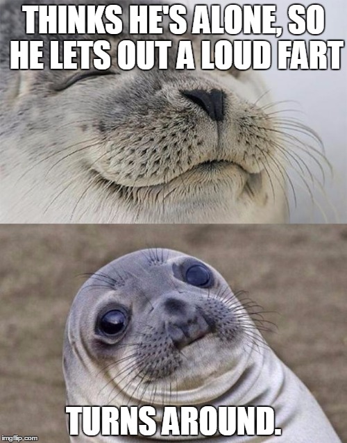 Short Satisfaction VS Truth | THINKS HE'S ALONE, SO HE LETS OUT A LOUD FART TURNS AROUND. | image tagged in memes,short satisfaction vs truth | made w/ Imgflip meme maker