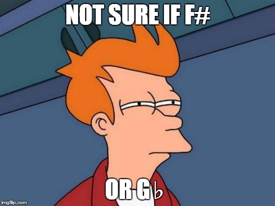 Futurama Fry | NOT SURE IF F# OR G♭ | image tagged in memes,futurama fry | made w/ Imgflip meme maker