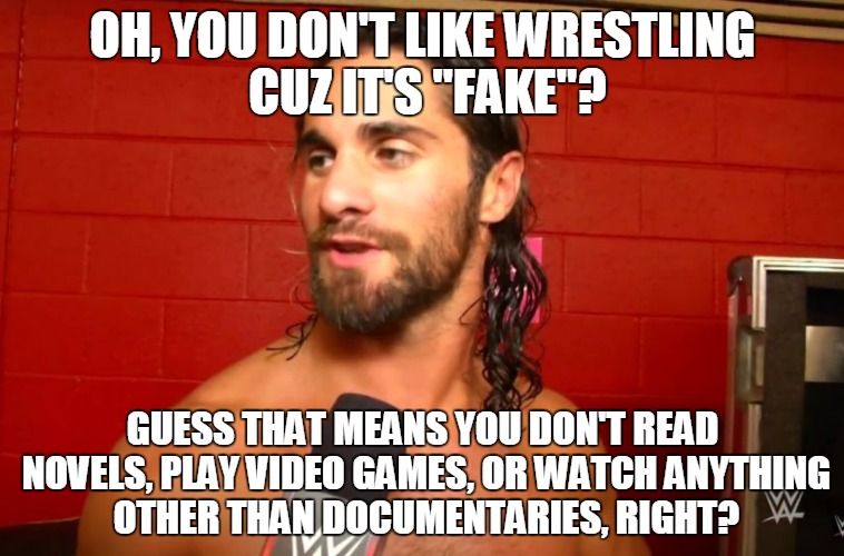 OH, YOU DON'T LIKE WRESTLING CUZ IT'S "FAKE"? GUESS THAT MEANS YOU DON'T READ NOVELS, PLAY VIDEO GAMES, OR WATCH ANYTHING OTHER THAN DOCUMEN | image tagged in rollins | made w/ Imgflip meme maker