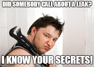 THE SOURCE OF THE PROBLEM | DID SOMEBODY CALL ABOUT A LEAK? I KNOW YOUR SECRETS! | image tagged in ugly plumber,leaks,secret,information | made w/ Imgflip meme maker