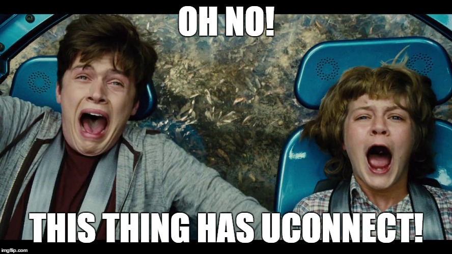 OH NO! THIS THING HAS UCONNECT! | image tagged in jurassic whirl,jurassic world | made w/ Imgflip meme maker