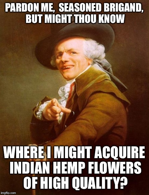 Joseph Ducreux Meme | PARDON ME,  SEASONED BRIGAND, BUT MIGHT THOU KNOW WHERE I MIGHT ACQUIRE INDIAN HEMP FLOWERS OF HIGH QUALITY? | image tagged in memes,joseph ducreux,JosephDucreux | made w/ Imgflip meme maker