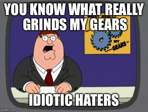 Peter Griffin News | YOU KNOW WHAT REALLY GRINDS MY GEARS IDIOTIC HATERS | image tagged in memes,peter griffin news | made w/ Imgflip meme maker
