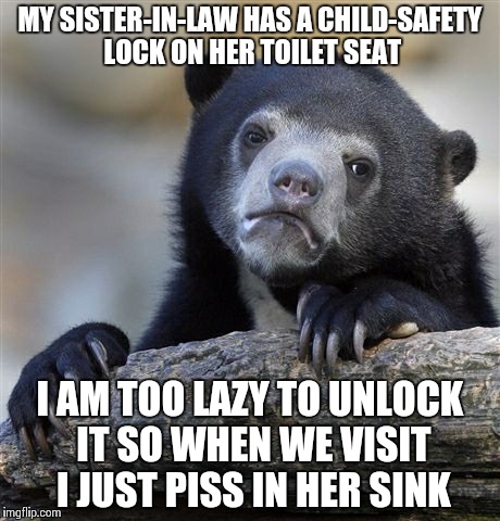 Confession Bear Meme | MY SISTER-IN-LAW HAS A CHILD-SAFETY LOCK ON HER TOILET SEAT I AM TOO LAZY TO UNLOCK IT SO WHEN WE VISIT I JUST PISS IN HER SINK | image tagged in memes,confession bear | made w/ Imgflip meme maker