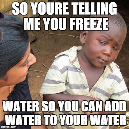 Third World Skeptical Kid | SO YOURE TELLING ME YOU FREEZE WATER SO YOU CAN ADD WATER TO YOUR WATER | image tagged in memes,third world skeptical kid | made w/ Imgflip meme maker