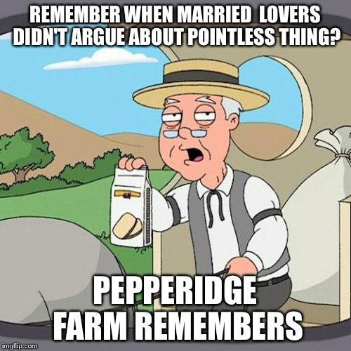 My mom and dad are right now........again........ | REMEMBER WHEN MARRIED  LOVERS DIDN'T ARGUE ABOUT POINTLESS THING? PEPPERIDGE FARM REMEMBERS | image tagged in memes,pepperidge farm remembers,lovers | made w/ Imgflip meme maker