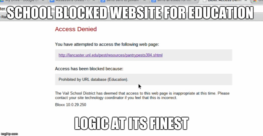 Screenshot straight from my school laptop... Wow. Seriously? | SCHOOL BLOCKED WEBSITE FOR EDUCATION LOGIC AT ITS FINEST | image tagged in logic,fail,school,technology,computer | made w/ Imgflip meme maker