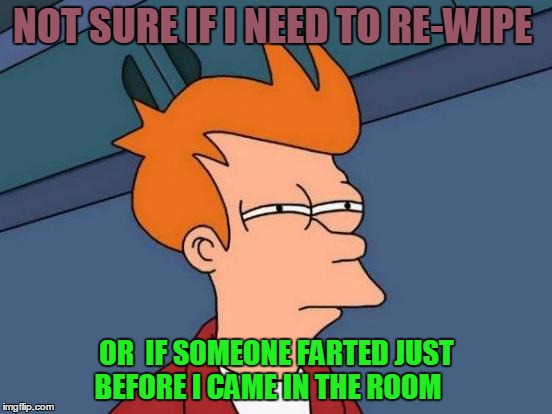 Futurama Fry | NOT SURE IF I NEED TO RE-WIPE OR  IF SOMEONE FARTED JUST BEFORE I CAME IN THE ROOM | image tagged in memes,futurama fry | made w/ Imgflip meme maker
