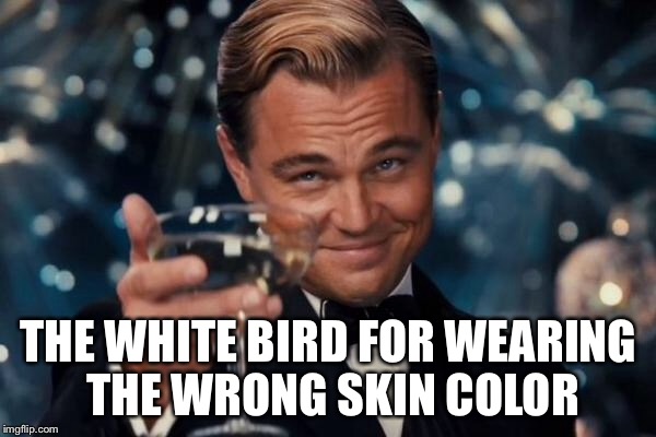 Leonardo Dicaprio Cheers Meme | THE WHITE BIRD FOR WEARING THE WRONG SKIN COLOR | image tagged in memes,leonardo dicaprio cheers | made w/ Imgflip meme maker