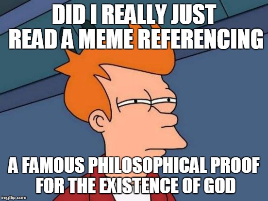 Futurama Fry Meme | DID I REALLY JUST READ A MEME REFERENCING A FAMOUS PHILOSOPHICAL PROOF FOR THE EXISTENCE OF GOD | image tagged in memes,futurama fry | made w/ Imgflip meme maker