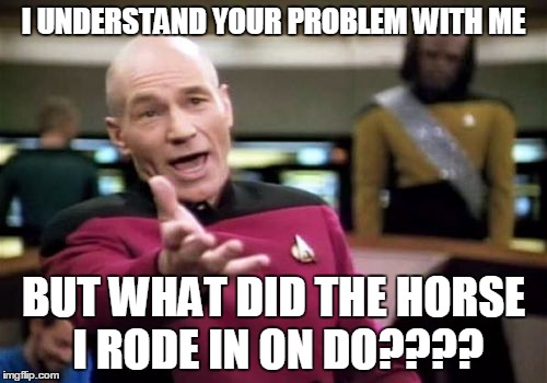 Picard Wtf Meme | I UNDERSTAND YOUR PROBLEM WITH ME BUT WHAT DID THE HORSE I RODE IN ON DO???? | image tagged in memes,picard wtf | made w/ Imgflip meme maker