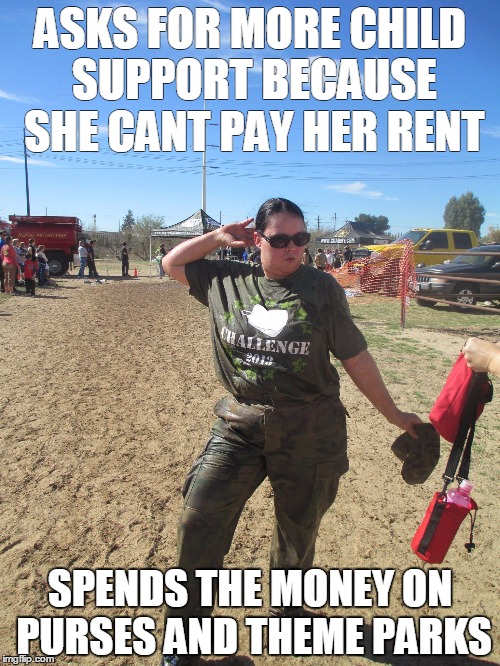 ASKS FOR MORE CHILD SUPPORT BECAUSE SHE CANT PAY HER RENT SPENDS THE MONEY ON PURSES AND THEME PARKS | image tagged in vindictive ex | made w/ Imgflip meme maker