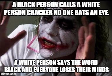 this needs to stop! | A BLACK PERSON CALLS A WHITE PERSON CRACKER NO ONE BATS AN EYE. A WHITE PERSON SAYS THE WORD BLACK AND EVERYONE LOSES THEIR MINDS | image tagged in everyone loses their minds | made w/ Imgflip meme maker