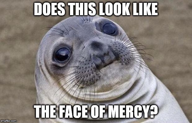Awkward Moment Sealion Meme | DOES THIS LOOK LIKE THE FACE OF MERCY? | image tagged in memes,awkward moment sealion | made w/ Imgflip meme maker