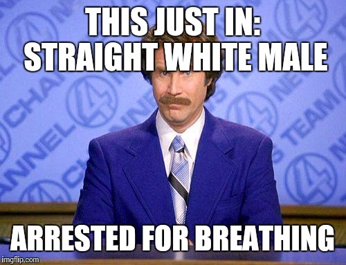 THIS JUST IN: STRAIGHT WHITE MALE ARRESTED FOR BREATHING | image tagged in ron burgundy update | made w/ Imgflip meme maker