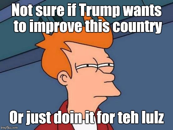 Futurama Fry | Not sure if Trump wants to improve this country Or just doin it for teh lulz | image tagged in memes,futurama fry | made w/ Imgflip meme maker