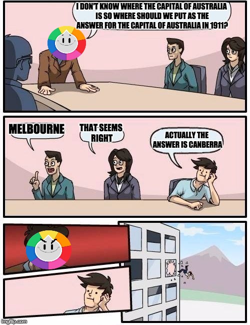 Boardroom Meeting Suggestion | I DON'T KNOW WHERE THE CAPITAL OF AUSTRALIA IS SO WHERE SHOULD WE PUT AS THE ANSWER FOR THE CAPITAL OF AUSTRALIA IN 1911? MELBOURNE THAT SEE | image tagged in memes,boardroom meeting suggestion | made w/ Imgflip meme maker