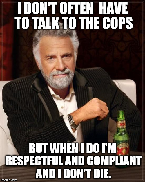 The Most Interesting Man In The World | I DON'T OFTEN  HAVE TO TALK TO THE COPS BUT WHEN I DO I'M RESPECTFUL AND COMPLIANT AND I DON'T DIE. | image tagged in memes,the most interesting man in the world | made w/ Imgflip meme maker