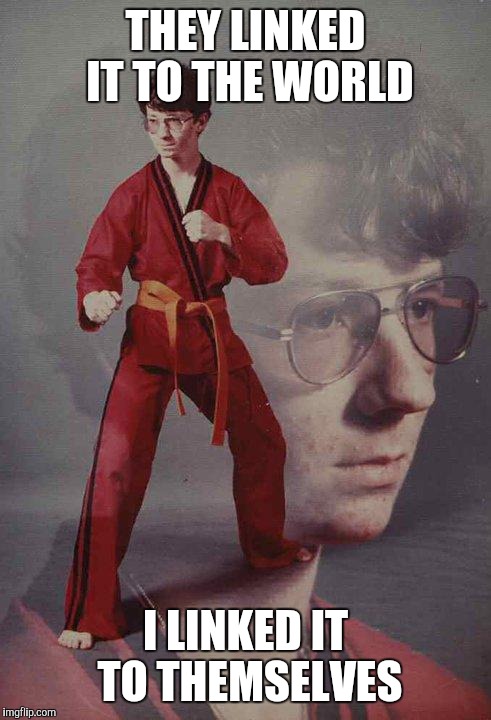 Karate Kyle | THEY LINKED IT TO THE WORLD I LINKED IT TO THEMSELVES | image tagged in memes,karate kyle,loooool,new born 20,muse,too much funny | made w/ Imgflip meme maker