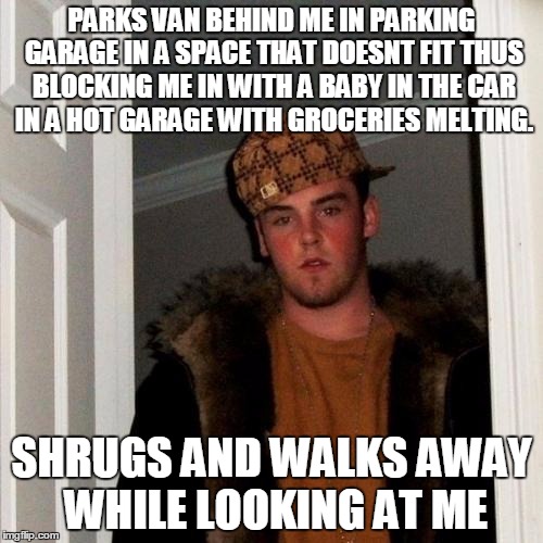 Scumbag Steve Meme | PARKS VAN BEHIND ME IN PARKING GARAGE IN A SPACE THAT DOESNT FIT THUS BLOCKING ME IN WITH A BABY IN THE CAR IN A HOT GARAGE WITH GROCERIES M | image tagged in memes,scumbag steve,AdviceAnimals | made w/ Imgflip meme maker
