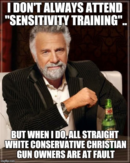 The Most Interesting Man In The World Meme | I DON'T ALWAYS ATTEND "SENSITIVITY TRAINING".. BUT WHEN I DO, ALL STRAIGHT WHITE CONSERVATIVE CHRISTIAN GUN OWNERS ARE AT FAULT | image tagged in memes,the most interesting man in the world | made w/ Imgflip meme maker