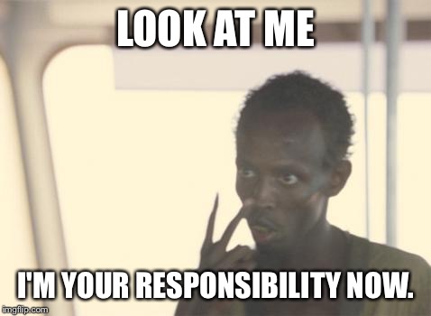 I'm The Captain Now | LOOK AT ME I'M YOUR RESPONSIBILITY NOW. | image tagged in memes,i'm the captain now,AdviceAnimals | made w/ Imgflip meme maker
