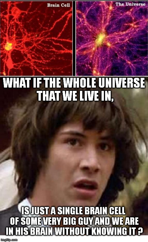 LOOLLLL :D I dont know if its a repost, i didn't steal it, i made it up right now :D | WHAT IF THE WHOLE UNIVERSE THAT WE LIVE IN, IS JUST A SINGLE BRAIN CELL OF SOME VERY BIG GUY AND WE ARE IN HIS BRAIN WITHOUT KNOWING IT ? | image tagged in conspiracy keanu,universe,memes,brain | made w/ Imgflip meme maker