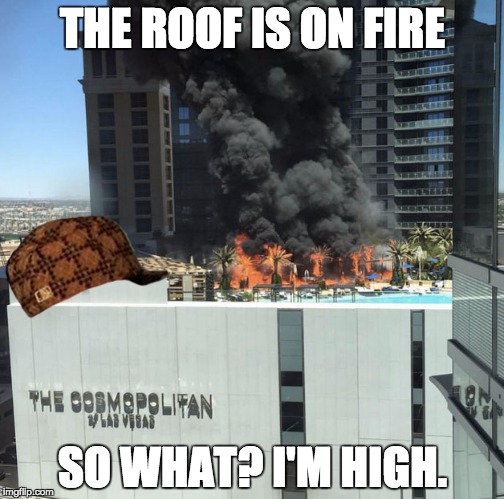 THE ROOF IS ON FIRE SO WHAT? I'M HIGH. | image tagged in cosmoblunts,scumbag | made w/ Imgflip meme maker