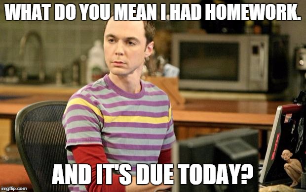 Sheldon Big Bang Theory  | WHAT DO YOU MEAN I HAD HOMEWORK. AND IT'S DUE TODAY? | image tagged in sheldon big bang theory  | made w/ Imgflip meme maker