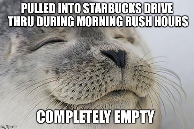 Satisfied Seal | PULLED INTO STARBUCKS DRIVE THRU DURING MORNING RUSH HOURS COMPLETELY EMPTY | image tagged in memes,satisfied seal,AdviceAnimals | made w/ Imgflip meme maker